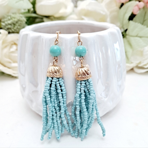Boutique | Jewelry | 23 Boho Seed Bead Light Blue Earrings Gold Long ...